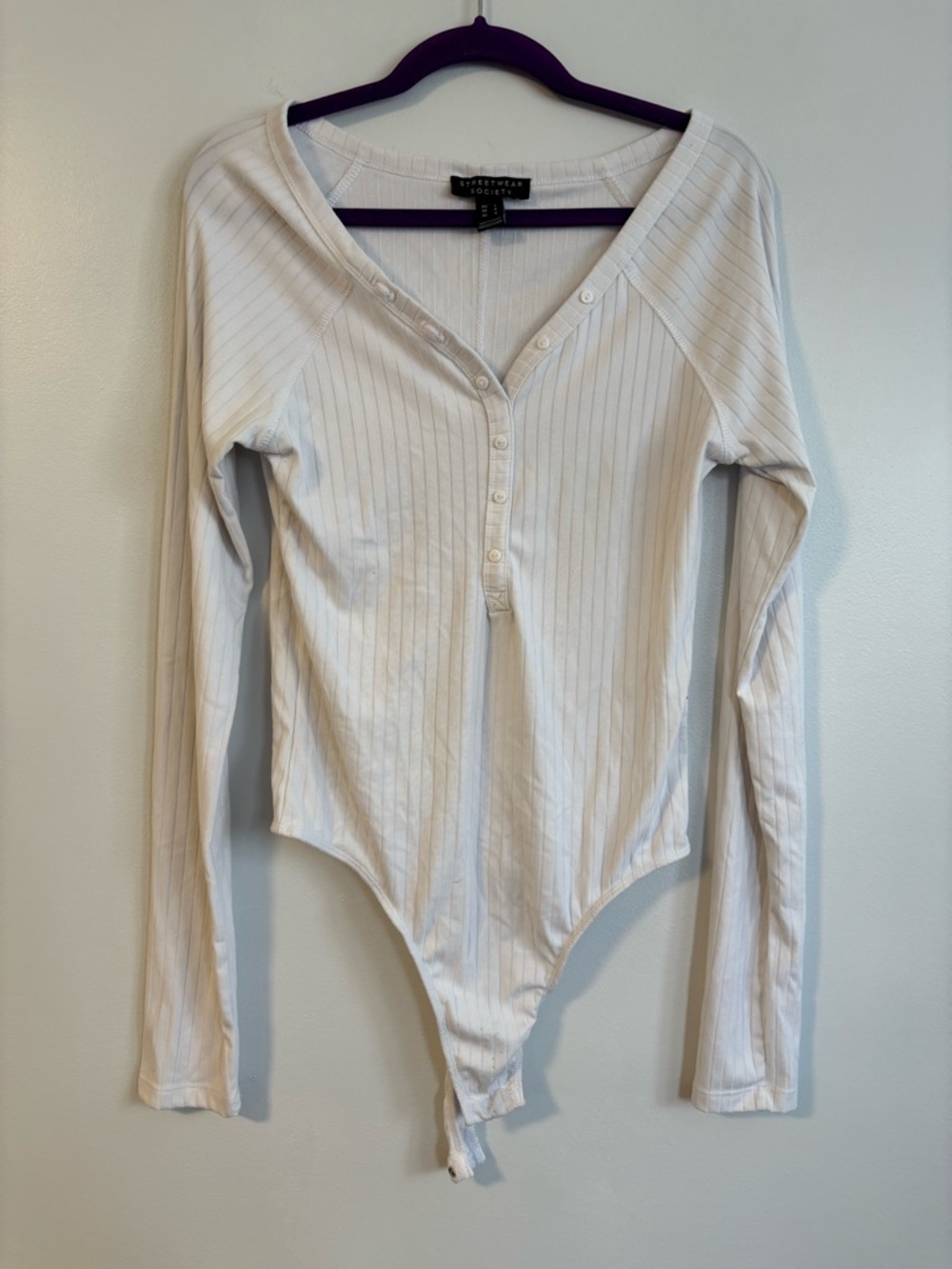Long sleeve White Ribbed Vneck Henley bodysuit Size Large by Streetwear Society